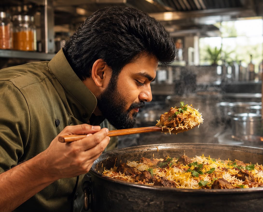 Chef tasting freshly cooked Chennai biryani